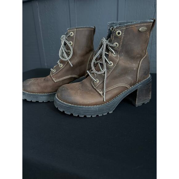 Skechers Shoes - Vintage Skechers Y2K Plateau Mesa Brown Leather Chunky Lace Up Combat Boots Sz 9
